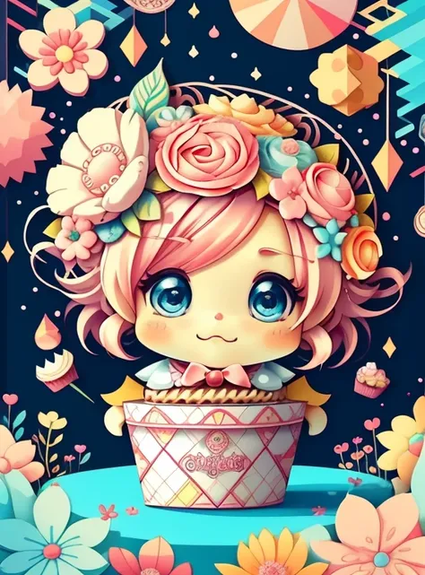 (cute box with cupcakes and flowers) Munchkin, Geometric multidimensional wall portrait, livro de arte, Tchibi,
Yang08k, Beautiful, Colouring,
Obras, of the highest quality, best quality, Arte Oficial, Beautiful and Aesthetic,