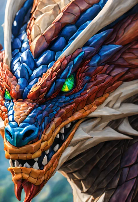 a close-up of the head of a magnificent, very detailed dragon, its scales are like multi-colored glass. Her eyes are gorgeous and textured