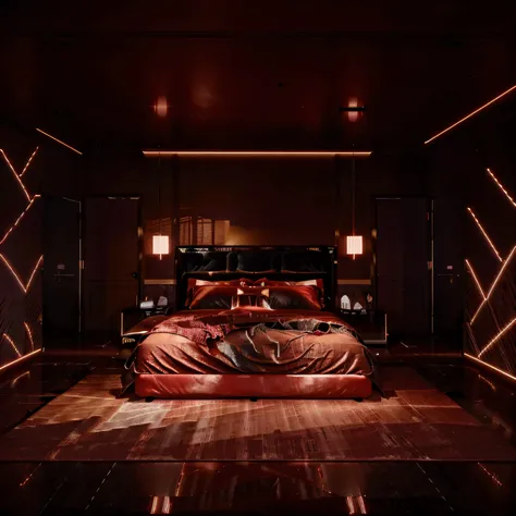 Imagine a luxurious bedroom with a dramatic ambiance, emphasized by striking red LED lights that create a bold outline along the headboard and floor, casting a vibrant crimson glow that contrasts with the neutral tones of the room. The LED lights should be...