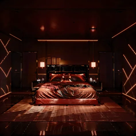 Imagine a luxurious bedroom with a dramatic ambiance, emphasized by striking red LED lights that create a bold outline along the headboard and floor, casting a vibrant crimson glow that contrasts with the neutral tones of the room. The LED lights should be...