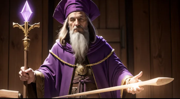 image of Simon the Magus, purple robe, small hat, wooden staff, 8k, best quality, [16:9]