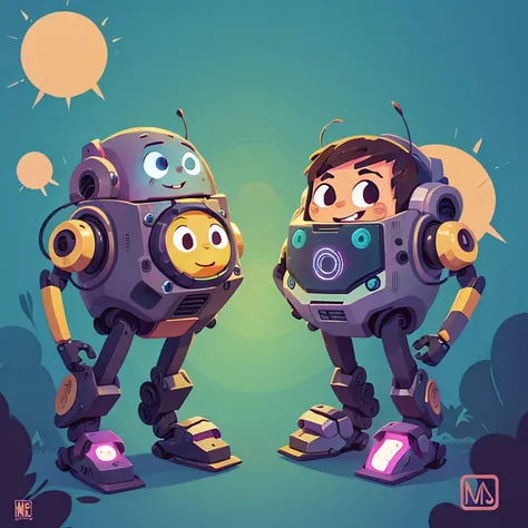 2 Happy Robotd in cartoon 2d style