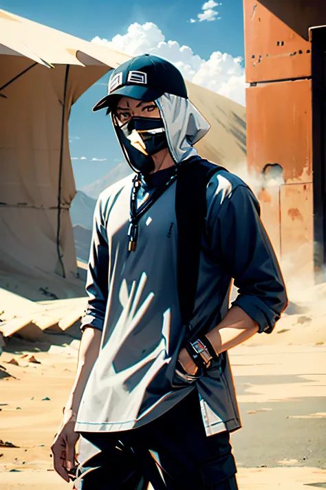 anime man, gray shirt, modern fabric panama, desert, sandstorm