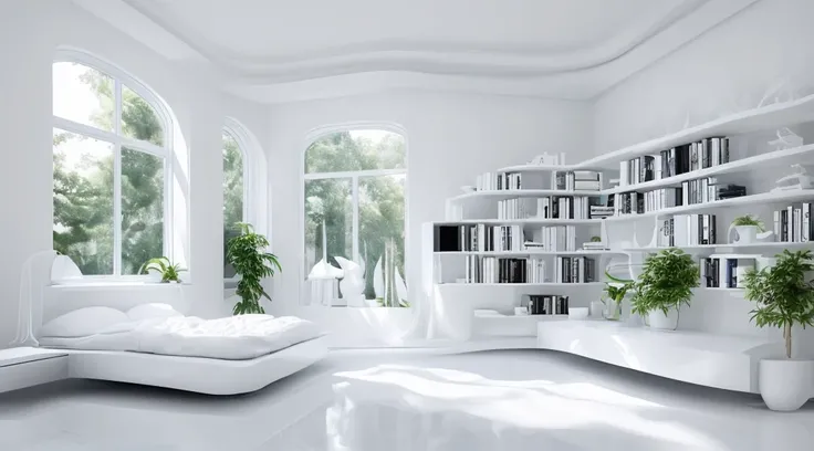 (Best quality, A high resolution, ultra - detailed:1.2), (((All white minimalist interior style，Integrated neat and streamlined  bionic shape)))，Light blue and white study bedroom, comfortable atmosphere, natural  lightting, Floor to ceiling bookshelves, c...