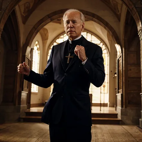 Joe Biden dressed as a catholic priest saying “all is forgiven”