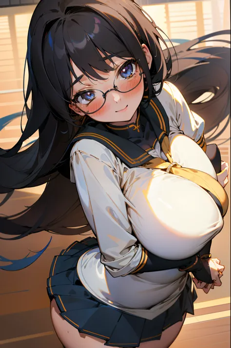 (1girl:1.4) beautiful, perfect eyes, perfect face, perfect lighting, 1girl, long black hair, (large breasts:1.5) wide hips, schoolgirl sailor uniform, shy smile, thick round glasses, cheeks blushing, absurdres, [perfect shadows and lighting] detailed backg...