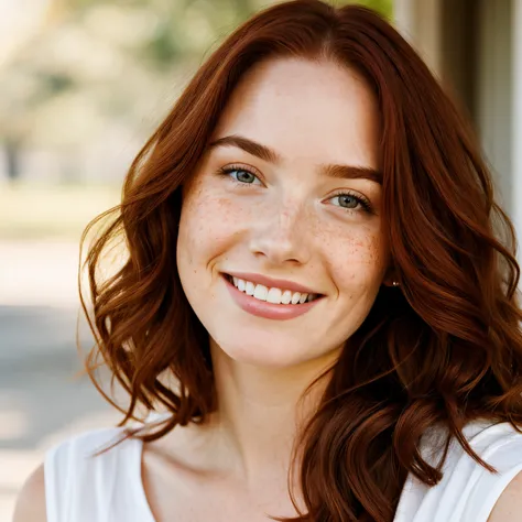 beautiful lady, slight freckles, dark makeup, redhair, big smile hyperdetailed photography, soft light, full head and shoulders portrait, cover