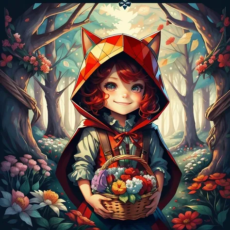 (cute red hood smiling with a basket of flowers in the forest)) Munchkin, Geometric multidimensional wall portrait, livro de arte, Tchibi,
Yang08k, Beautiful, Colouring,
Obras, of the highest quality, best quality, Arte Oficial, Beautiful and Aesthetic,