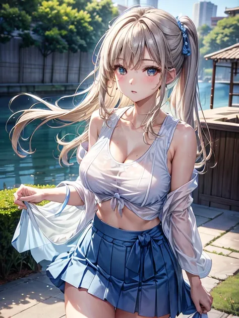 Pull up your hair and drink water　Hair fluttering in the wind　lift up skirt　a park　see-through blue tank top　Tank top with wide open neckline　Skirt pattern similar to Japanese kimono　beutiful breast　Beautiful Finger　Beautiful skins　Attractive panties