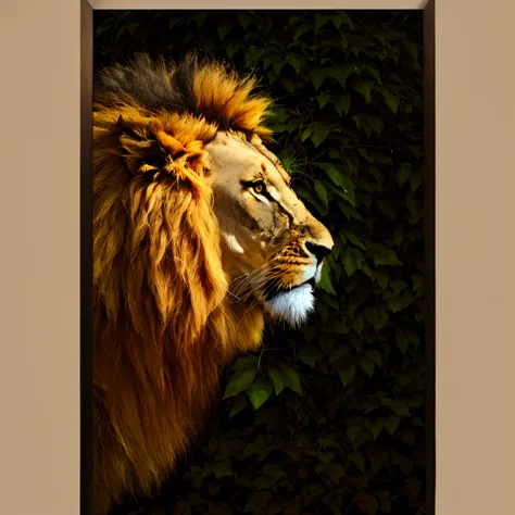 lion in front of a bush with leaves in the background, Rei da selva, with the mane of a lion, portrait of a lion, the mane of a lion, Senhor da Selva, retrato de um rei, face of an lion, half lion, lion mane, lion head, olhar orgulhoso, head of a lion, Ret...