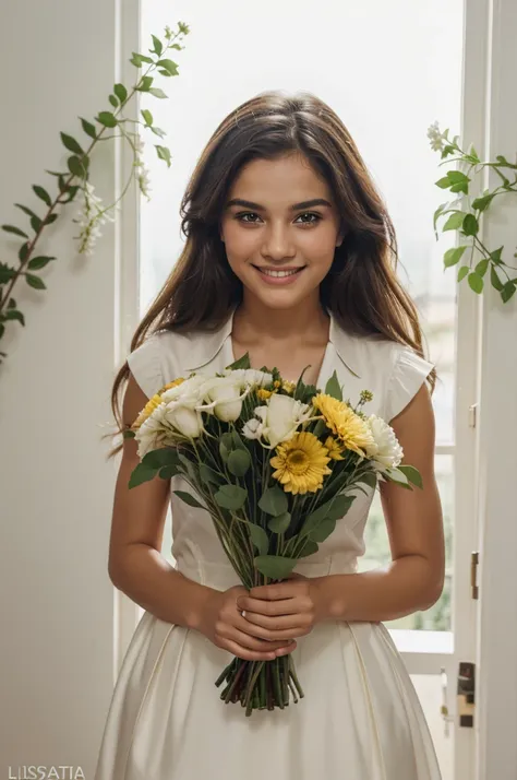 handsome girl, Smiling. holding a bouquet of flowers in his hands, on a light background, foto realista,