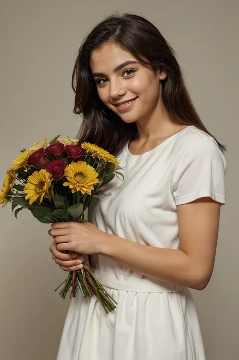 handsome girl, Smiling. holding a bouquet of flowers in his hands, on a light background, foto realista,