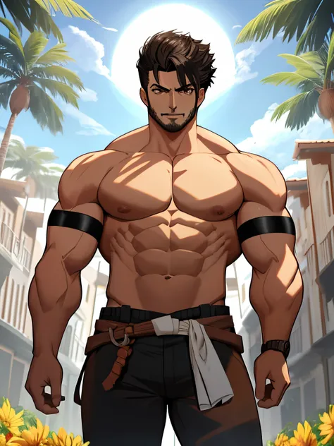 CHICO BRONCEADO. De pie en frente, ((frente)) Full-body volumetric lighting, Light-highlighted muscles, Luz delantera(Obra maestra:1.4), (La mejor calidad:1.4), 1 hombre, solamente, (Emiya Kiritsugu  destinoCero):1.2), Un hombre musculoso, tez bronceada, C...