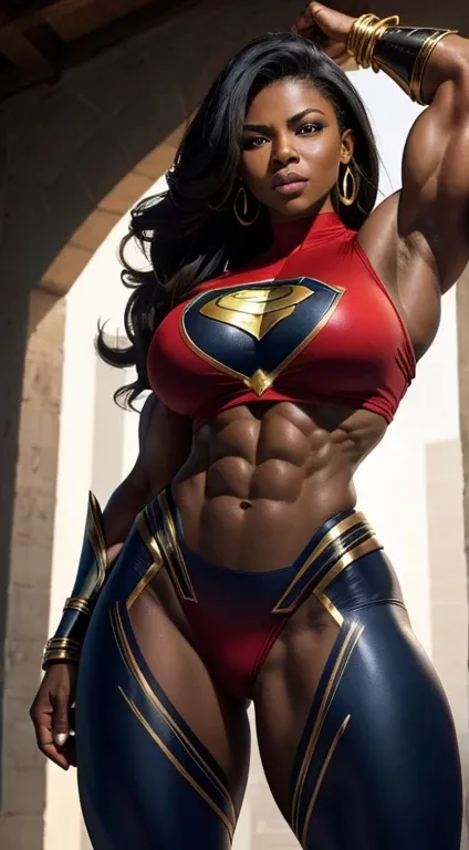 Super Strong busty muscular superwoman, huge strong biceps, tonned strong abs, huge breasts, african black superheroine