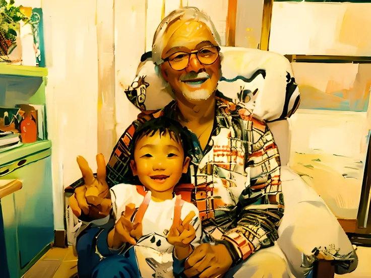 a 55-year-old man and a 5-year-old boy sit on chairs, grandparent, ssmile, indoors