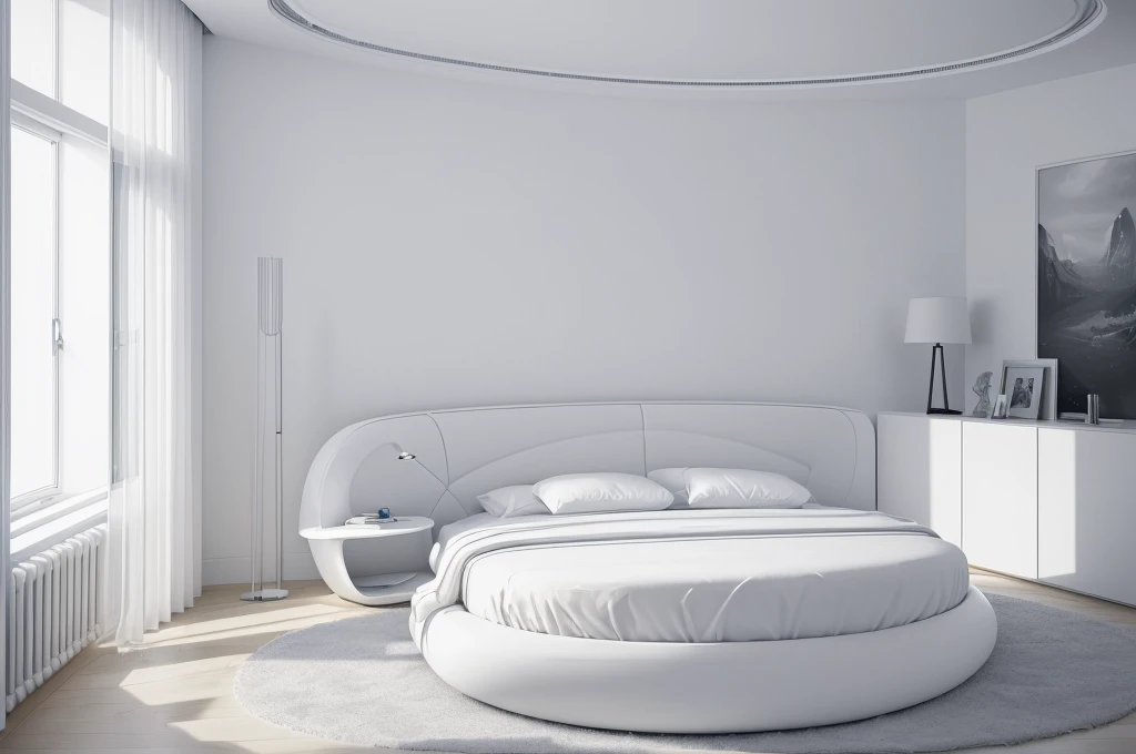 (Best quality at best,4K,8K,A high resolution,tmasterpiece:1.2),ultra - detailed,(actual,realisticlying,Photorealistic:1.37),((Minimalist style)),A futuristic,in-house,curve furniture bedroom,((All white)),spacioight and airy,Integrated curved streamline d...