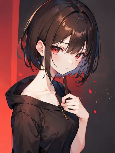 girl, brown short hair, black clothes, red eyes, beautiful, magical