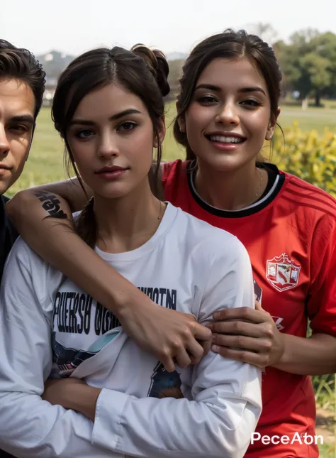 there are three people posing for a picture together in a field, isabela moner, wearing adidas clothing, promotional still, julia fuentes, alena aenami and lilia alvarado, modeling for dulce and gabanna, promo still, valentina remenar, adidas, Luke, wearin...