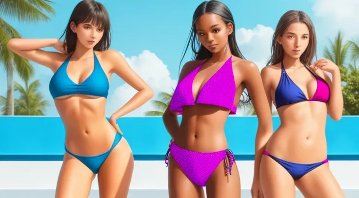 three women in bikinis and one in a bikini top pose for a picture,  wearing a swimsuit, pool party, summer swimming party, attire: bikini, next to a pool, wearing two - piece swimsuit, wearing a bikini, in bikini, swimsuit, swimsuit model, various pose, mi...