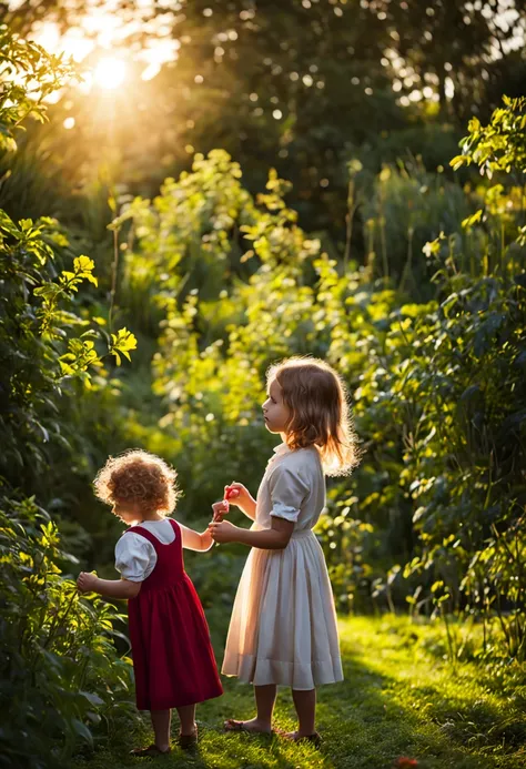 Through advanced artificial intelligence techniques, create a maximum quality image that captures the beauty and innocence of a child playing in a charming garden, As the sun sets on the horizon. Explore advanced levels of detail, from the child&#39;s faci...