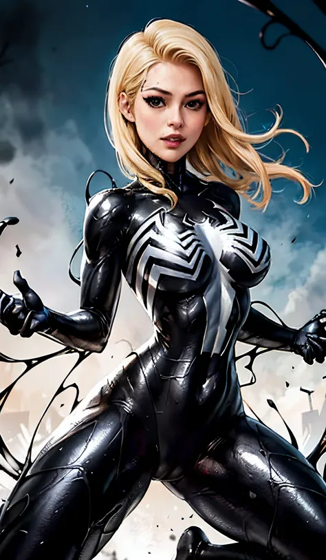 4k，realisticlying，glamorous，the  very detailed，there  a girl in dingcheng，blonde hair，wearing a black spider-man costume，（black ...