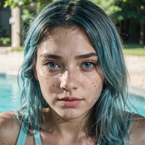 face of beautiful age 18 girl, light blue hair, freckles, green eyes, sexy, beautiful, dslr, 8k, 4k, ultrarealistic, realistic, natural skin, textured skin,