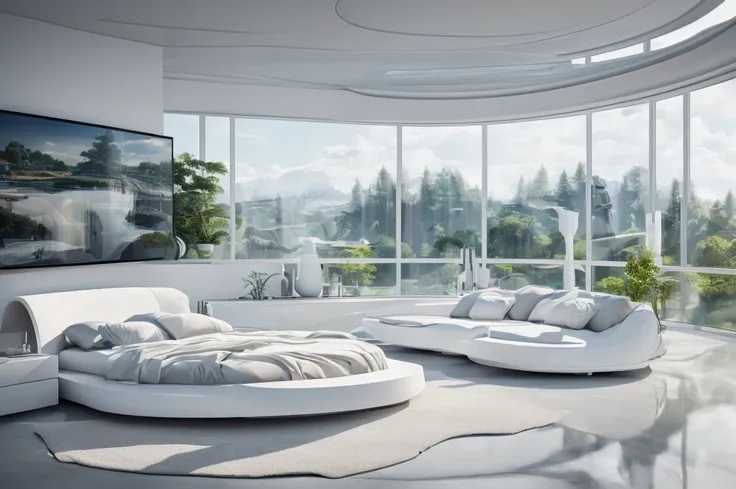 (Best quality,4K,8K,A high resolution,tmasterpiece:1.2),ultra - detailed,(actual,realistically,realisticlying:1.37),((minimal style)),A futuristic,interiors,curve furniture bedroom,((full white)),Plenty of space、Well ventilated,Integrated arc streamline de...