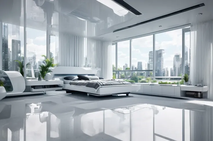 (Best quality,4K,8K,A high resolution,tmasterpiece:1.2),ultra - detailed,(actual,realistically,realisticlying:1.37),((minimal style)),A futuristic,interiors,curve furniture bedroom,((full white)),Plenty of space、Well ventilated,Integrated arc streamline de...