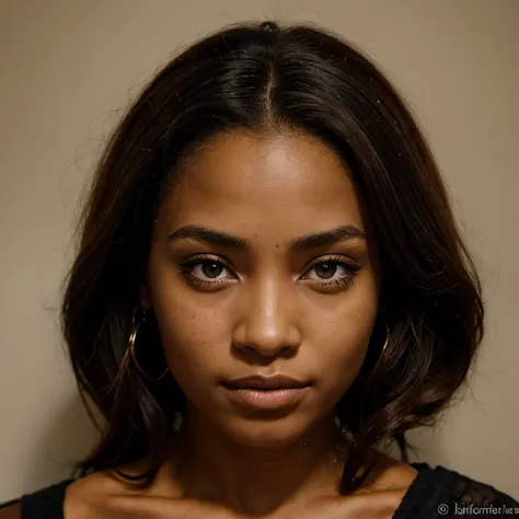 Portrait de femme metisse Guadeloupeenne aux cheveux noirs bouclés. Les yeux marrons tres foncés, avec les traits du visages assez fins. Porte un haut sobre