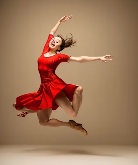 arafed woman in a red dress jumping in the air, playful pose of a dancer, jump pose, in a jumping float pose, leaping with arms up, dynamic dancing pose, dynamic dance photography, leaping towards viewer, classic dancer striking a pose, leaping, leaping in...