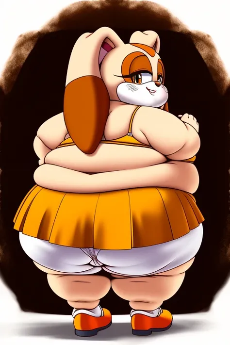 Cream the rabbit, 8 year old girl, ((morbidly obese)), (((very fat face))), ((double chin)), huge belly, wide hips, huge butt, crop top, orange skirt, back view, upskirt white panties