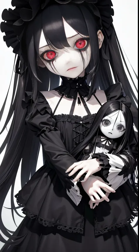 Gril child  infant body , very  long  black hair , happy  face olhos vazios lagrimas , cracked face  , expressionless girl cracked skin doll joints , gears , inanimate doll puppet girl, scary, gothic lolita dress, torn dress , engrenagem no corpo .