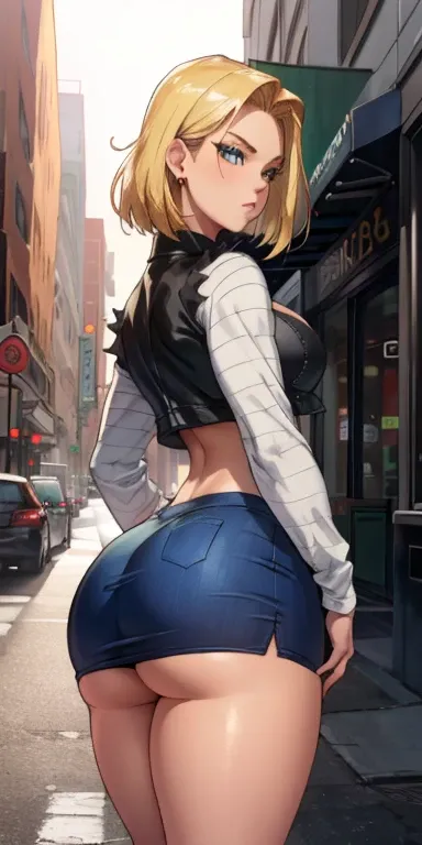 unparalleled masterpiece, ultra realistic 8k CG, perfect artwork, (1girl:1.1) , solo, ((perfect female figure)), (nsfw), looking at viewer, mature female, bimbo (android 18) standing, (teasing), best quality:1.1 , seductive posture, sexy pose, alluring, (b...