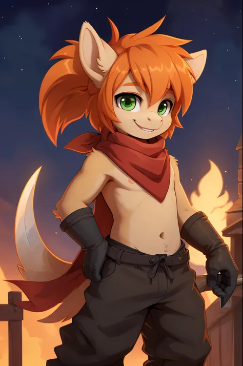 young anthro pony, kid, red scarf, baggy black clothes, black glove on right arm, black right arm, tan body, orange hair, green ...