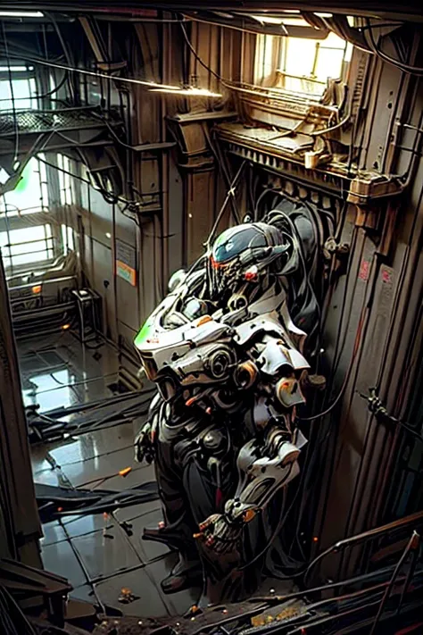 Weapons of the future. Cyborg, Ghost in the Shell. Dark mechanoid, cybernetic machine-robot in a vast hall. ), (Urbanized interior). High, gigantic ceiling, large hall. Assembly workshop of high-tech machines. Industrial interior. The floor is paved with l...