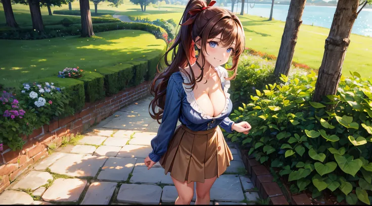 1girl, solo, full body, summer, village, trees, long hair, brown hair, curly hair, ponytail, large breasts, cleavage, button down, dark blue eyes, ((red top)), skirt, brown shoes, grin, looking at the viewer, standing, hair ribbon