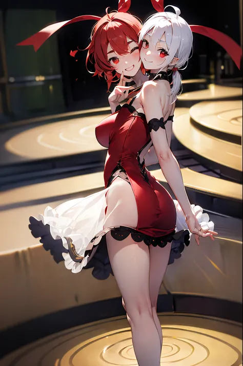 (2heads:1.6), masterpiece, absurdres, best quality, 1boy, androgynous, solo, cute, (white hair:1.2), long twintails, red eyes, big smile, half-closed eyes, tired eyes, red eyes, short, petite, (flat chested), (red hair ribbons), (short black dress:1.1), ba...