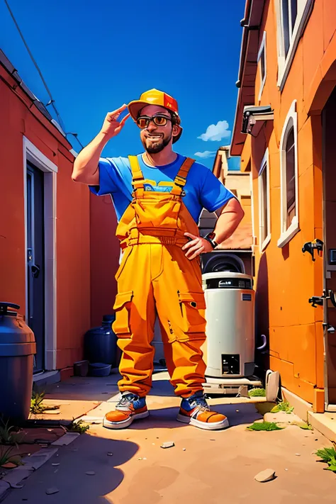 goofy hvac worker with orange work clothes.