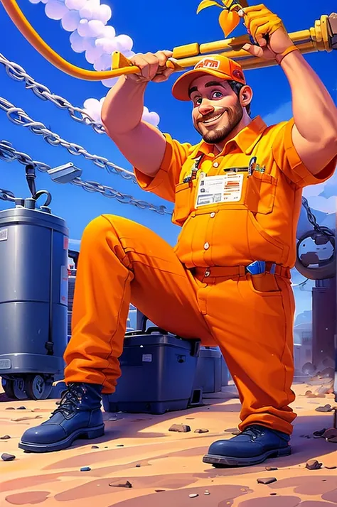 goofy hvac worker with orange work clothes and his company name is ilmair