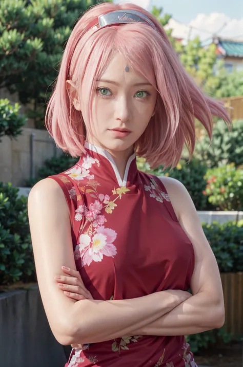 Real life adaption of this character,her name  sakura haruno from anime Naruto,she has a realistic same pink hair with a red headband, realistic same outfit, realistic same apron, beautiful korean  face, she has green eyes color, realistic light, realistic...