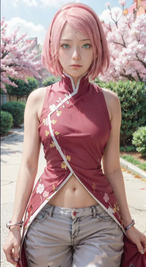 Real life adaption of this character,her name  sakura haruno from anime Naruto,she has a realistic same pink hair with a red headband, realistic same outfit, realistic same apron, beautiful korean  face, she has green eyes color, realistic light, realistic...