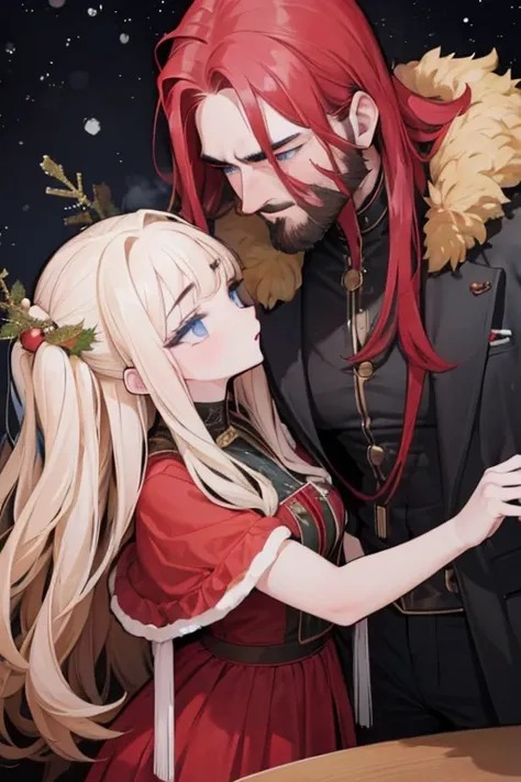 A red haired dark skinned woman is kissing a muscular blonde haired man with blue eyes and long hair and a dark beard at a christmas party in fancy outfits