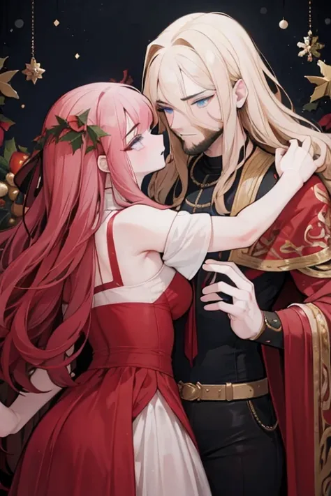 A red haired woman with a dark tan and red eyes is kissing a muscular blonde haired man with blue eyes and long hair and a dark beard at a christmas party in fancy outfits