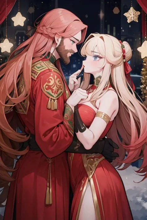 A tan woman with red hair woman and red eyes is kissing a muscular blonde haired man with blue eyes and long hair and a dark beard at a christmas party in fancy outfits