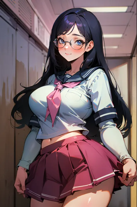 (1girl:1.4) schoolgirl, beautiful, perfect eyes, perfect face, perfect lighting, 1girl, long black hair, (large breasts:1.2) wide hips, white and pink schoolgirl sailor uniform, short skirt, shy smile, thick round glasses, cheeks blushing, absurdres, [perf...