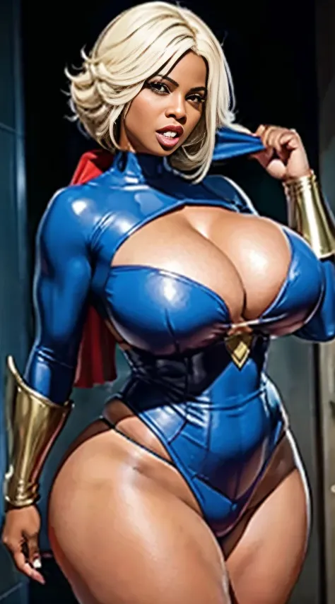 Emily  a MILF black African woman superheroine, com pele muito escura, de 45 anos com cabelos escuros e crespos, His eyes are dark and personalidade  e sexy, African Power GIRL  Tied Up, he  screaming,  hurting, Traje power girl branco esfarrapado, seios g...