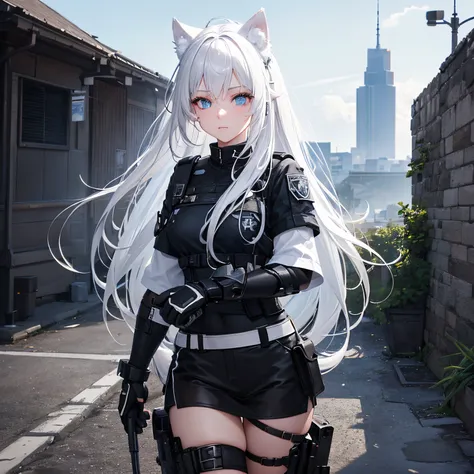 8k resolution, high quality, high resolution, best quality, best resolution, absurd resolution, ray tracing, high detailed, white hair, female,white wolf ears, teenage girl, slim body, white scale dragon tail,black combat boots,dark camo pants, black t-shi...