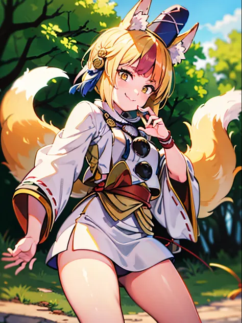 selkie fe, (ate-eboshi:1.3), standing eboshi hat, onmyoji, fox ears, fox tail, outdoors, smug smile, pink hair stripe, big hat, mirco skirt, exposed hips, side slit shorts