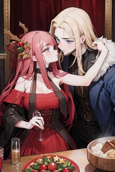 A red haired woman with a dark tan and red eyes is kissing a muscular blonde haired man with blue eyes and long hair and a dark beard at a christmas party in fancy outfits