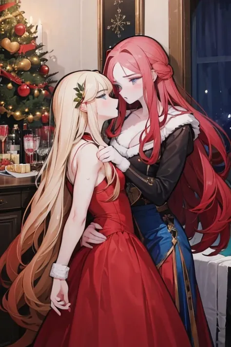 A red haired woman with a dark skin and red eyes is kissing a muscular blonde haired man with blue eyes and long hair and a dark beard at a christmas party in fancy outfits